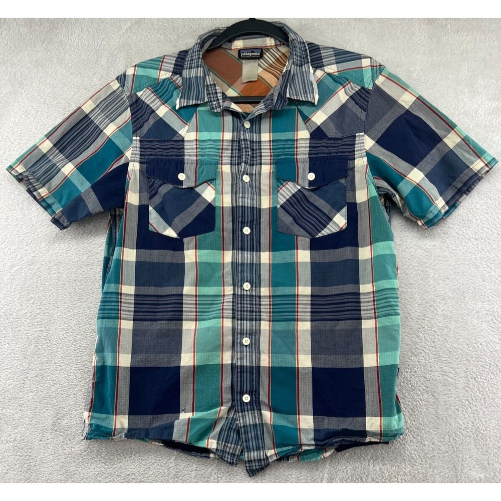 VTG Patagonia Shirt Mens Sz Small Western Blue Green Pearl Snap Hemp Blend Plaid